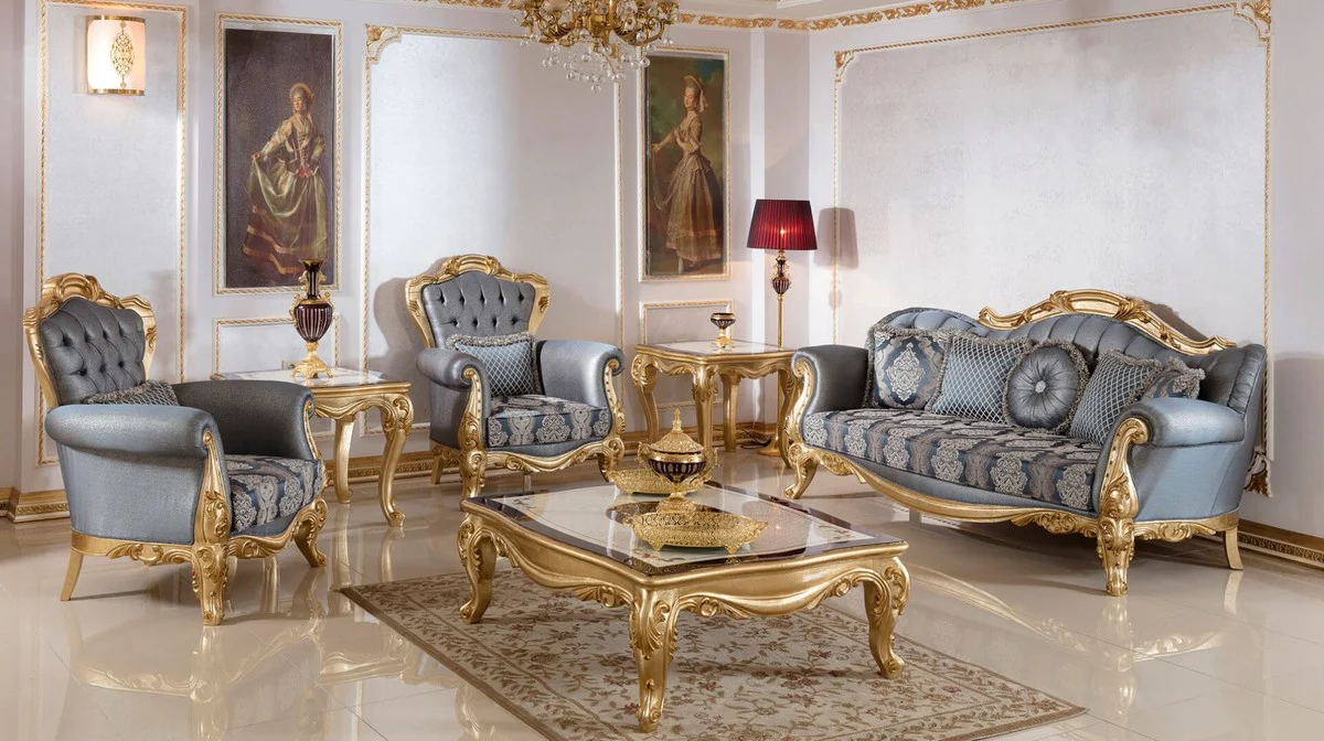 Casa Padrino conjunto de sala de estar barroco de lujo azul / oro - 2 Sof¨¢s Barrocos y 2 Sillones Barrocos y 1 Mesa de Centro Barroco - Muebles de sal¨®n de lujo estilo barroco - Mobiliario barroco