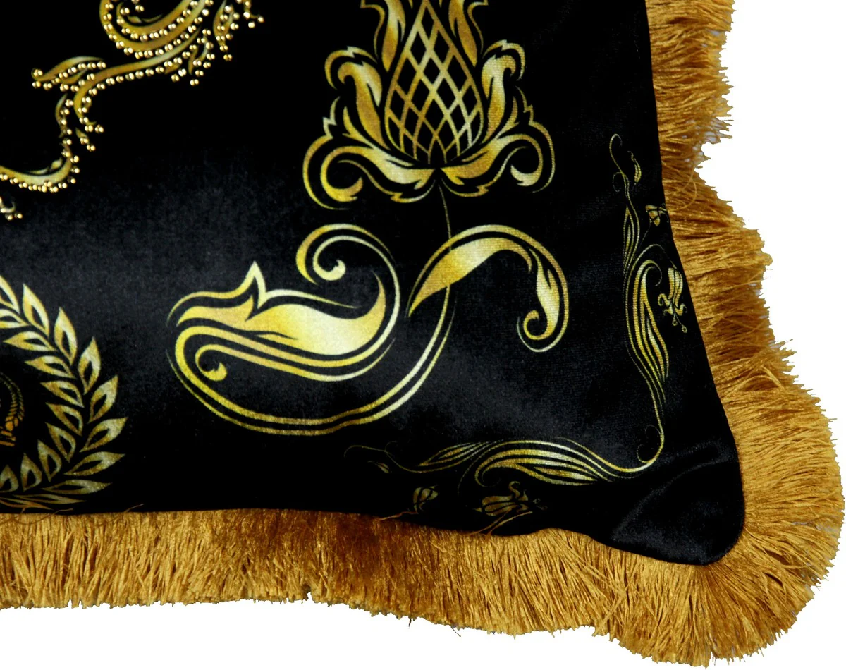 Harald Gl??ckler Luxury Deco Baroque Pillow Pomp??s by Casa Padrino Black / Gold Crown Deluxe with rhinestones