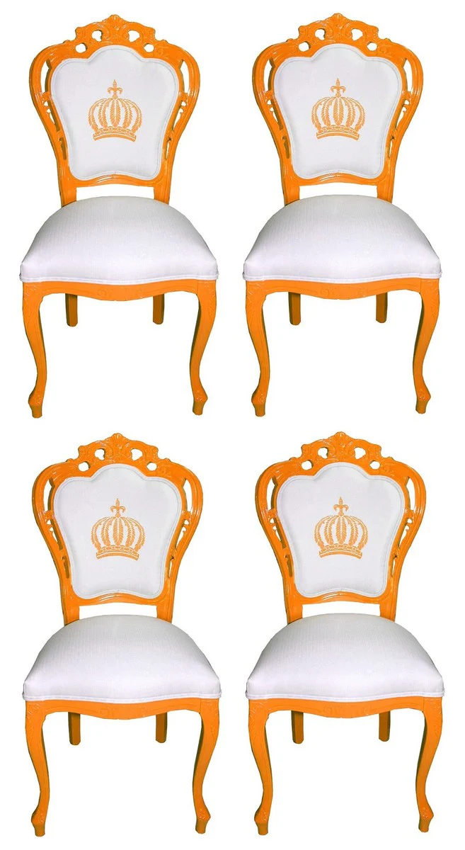 Pomp??s by Casa Padrino Sillas de Comedor Barroco de Lujo Blanco / Naranja - Sillas de Estilo Barroco de Pomp??s Dise?adas por Harald Gl??ckler - 4 Sillas de Comedor - Muebles de Comedor Barrocos