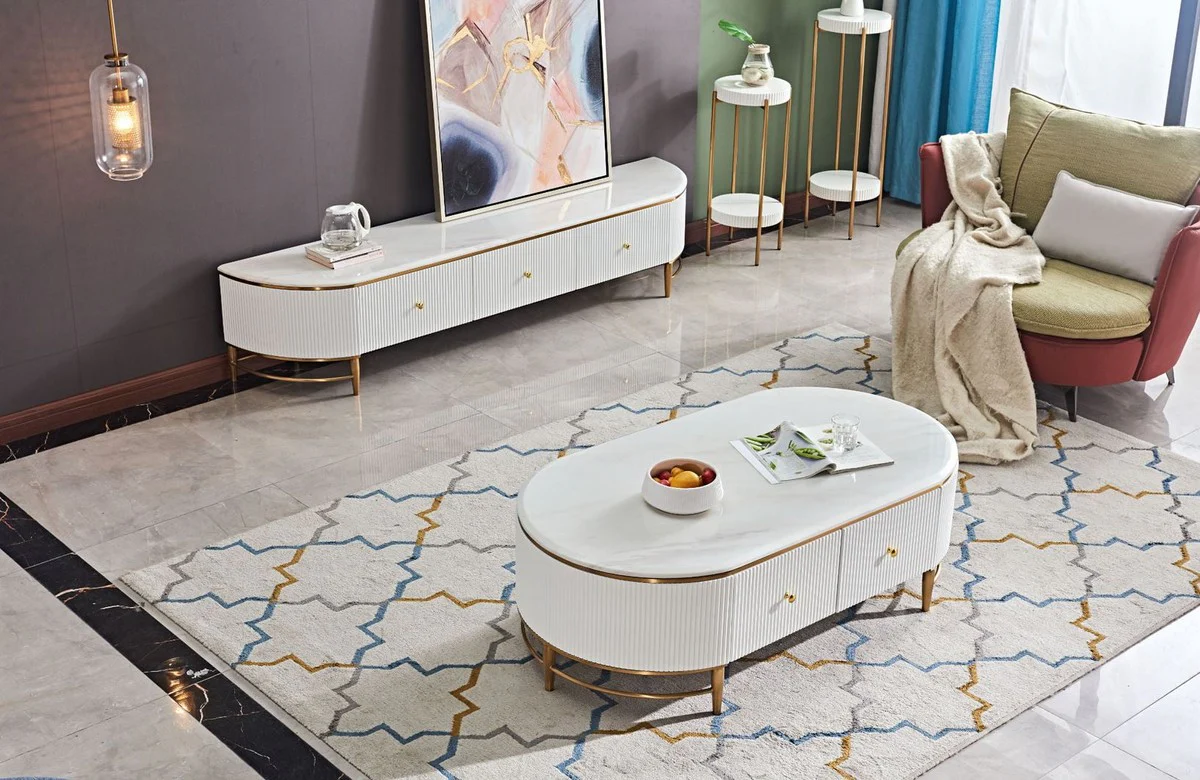 Casa Padrino mesa de centro de lujo blanco / lat¨®n / oro 130 x 70 x A. 42 cm - Mesa de sal¨®n moderna con 4 cajones - Muebles de sal¨®n modernos