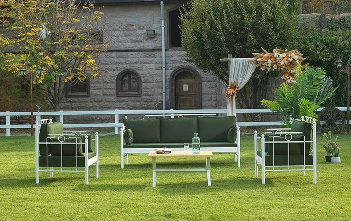 Casa Padrino Art Nouveau Conjunto de Muebles de Jard¨ªn Verde Oscuro / Blanco - 1 Sof¨¢ y 2 Sillones y 1 Mesa - Muebles de Jard¨ªn y Patio en Estilo Art Nouveau