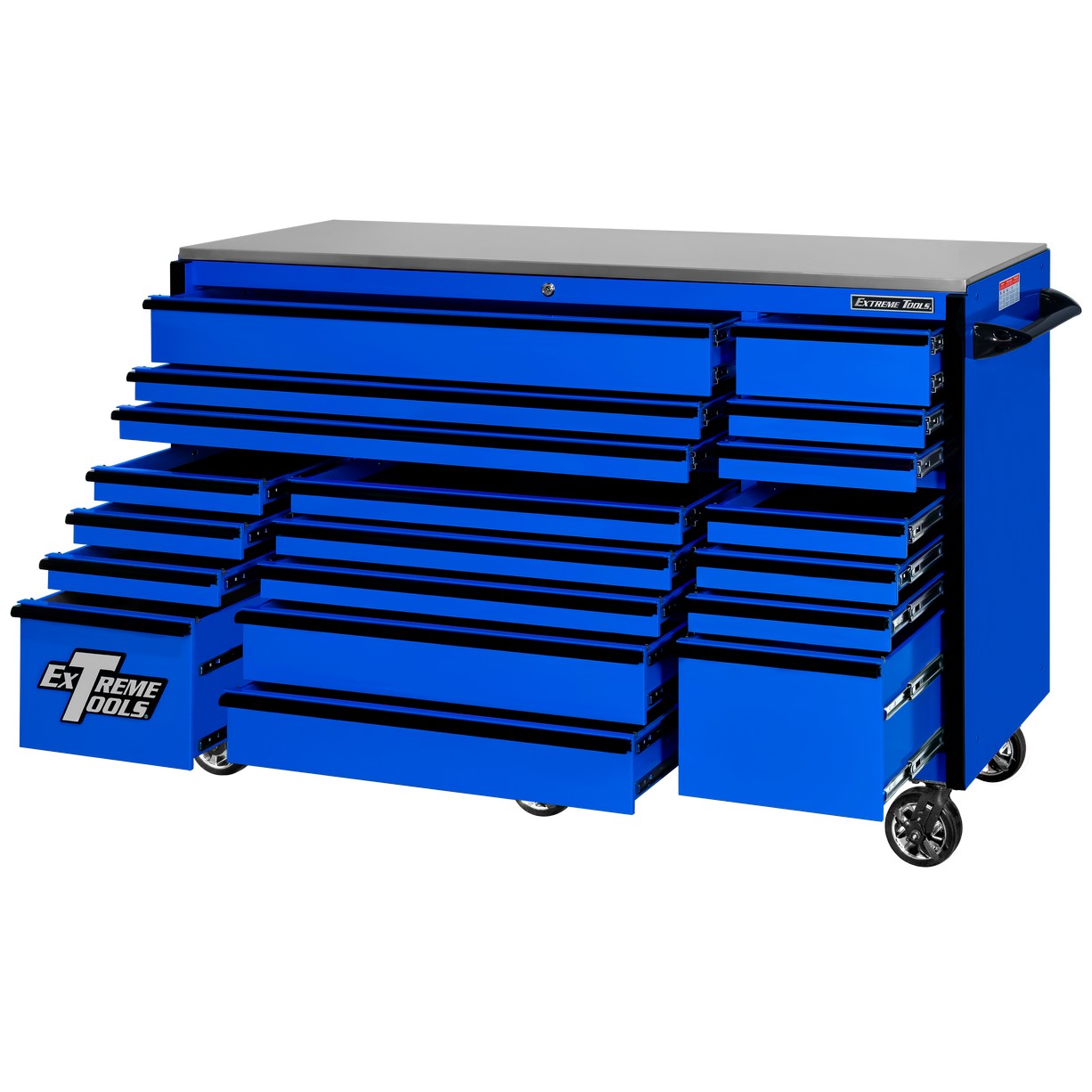 Extreme Tools 72″ x 30″, 19 Drawer Roller Cabinet with 250 lbs. drawer slides, RX 250 Series