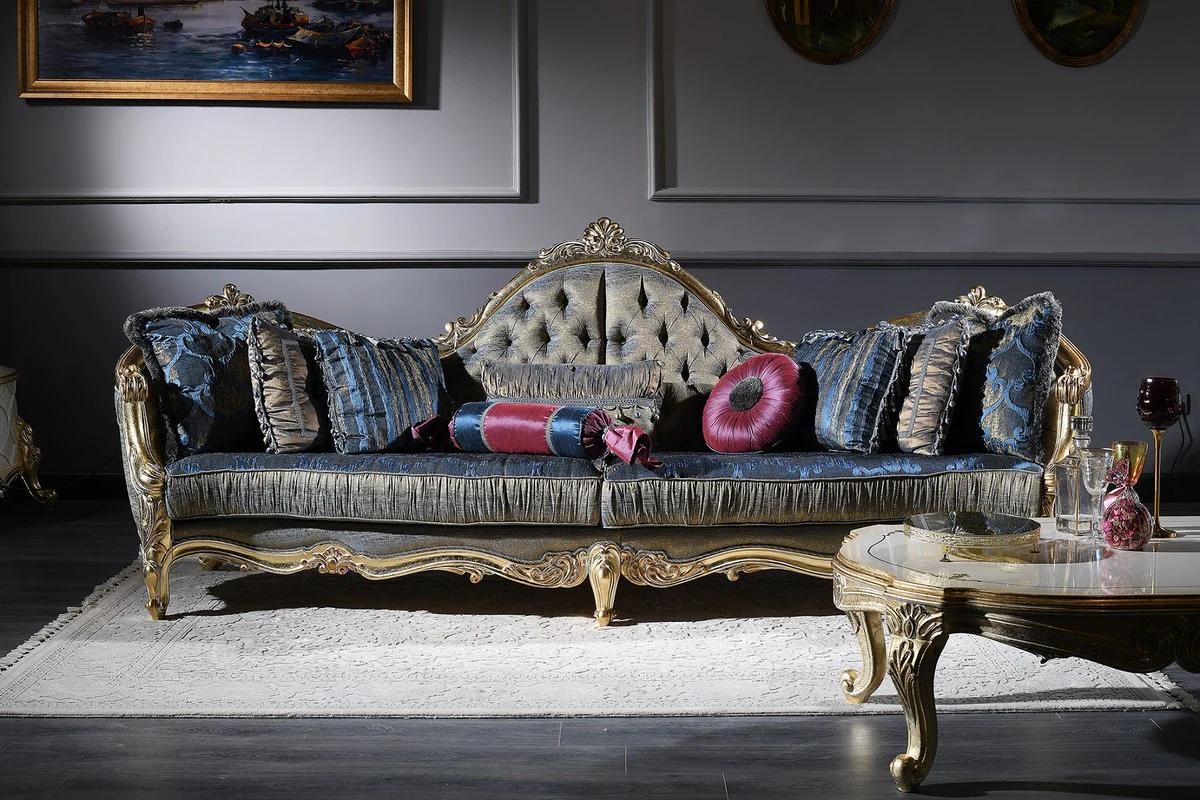 Casa Padrino Sof¨¢ Chesterfield Barroco de Lujo Azul Oscuro / Oro Antiguo 300 x 90 x H. 119 cm - Sof¨¢ Barroco Suntuoso de la Sala de Estar - Muebles Barrocos