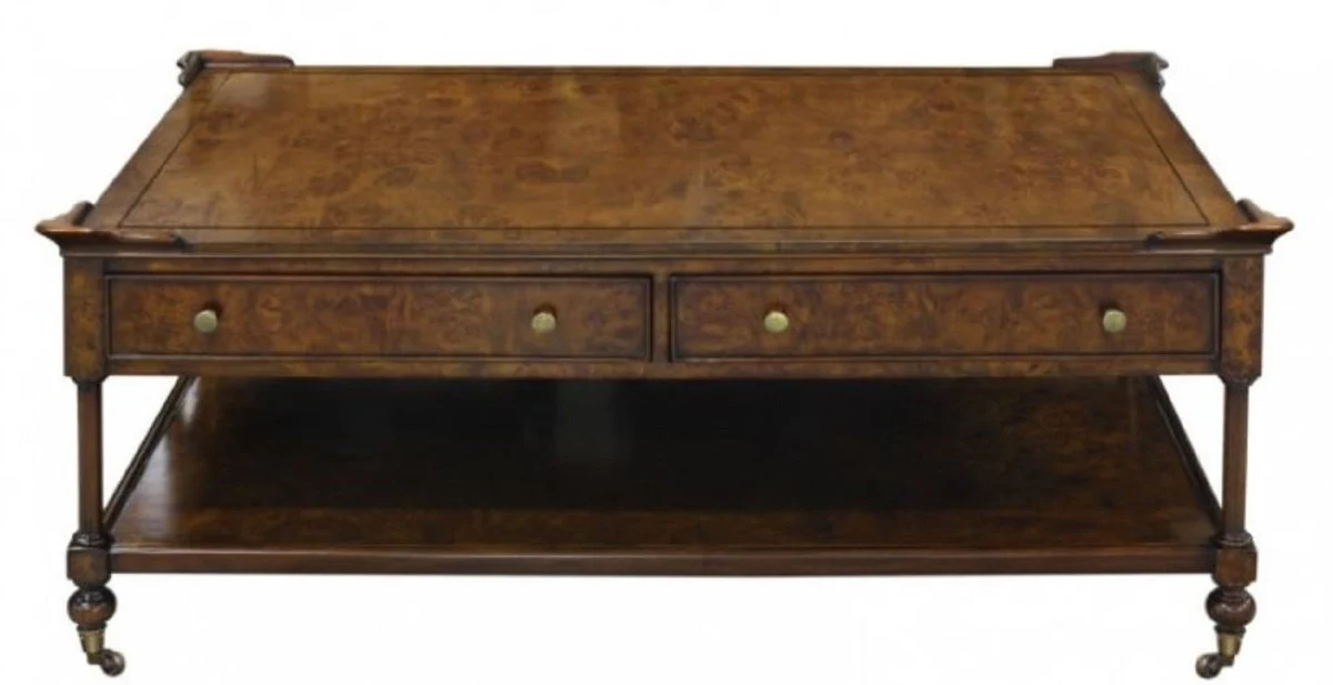 Casa Padrino Mesa de Centro Art Nouveau de Lujo de Marrón 125 x 81 x H. 48 cm - Mesa de la Sala con Ruedas y 2 Cajones