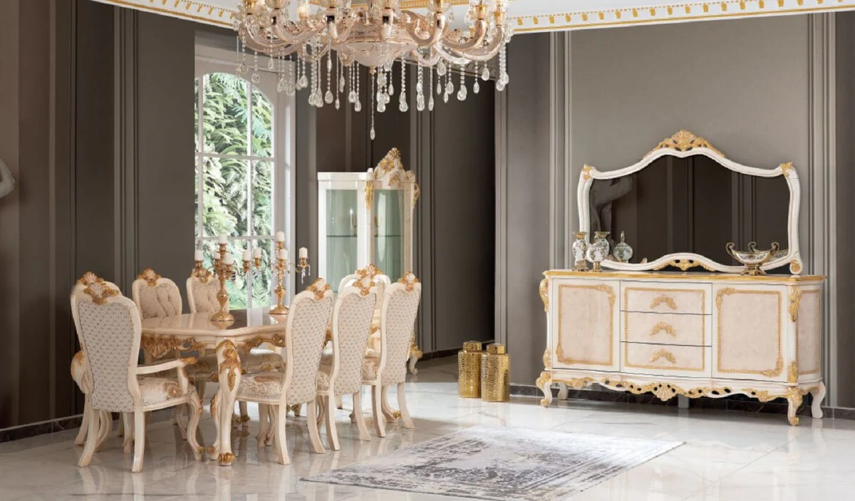 Casa Padrino conjunto de muebles barrocos de lujo aparador con espejo beige / blanco / oro - Magnífico mueble de madera maciza con elegante espejo de pared - Muebles de estilo barroco
