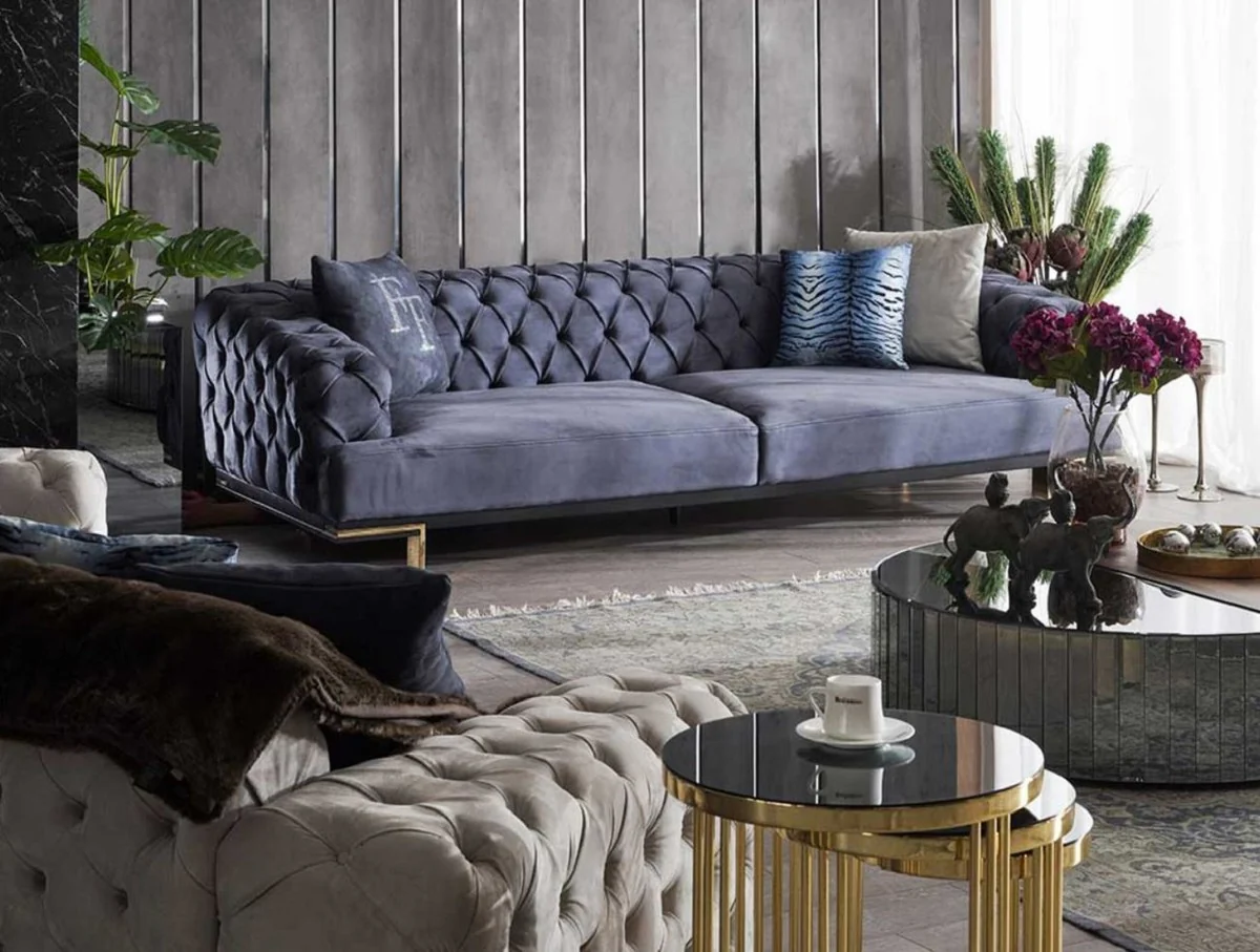 Casa Padrino sof¨¢ Chesterfield de lujo de 3 plazas p¨²rpura / negro / oro 250 x 100 x A. 65 cm - Sof¨¢ de sal¨®n - Muebles de sal¨®n - Muebles Chesterfield - Muebles de lujo - Interior de sal¨®n