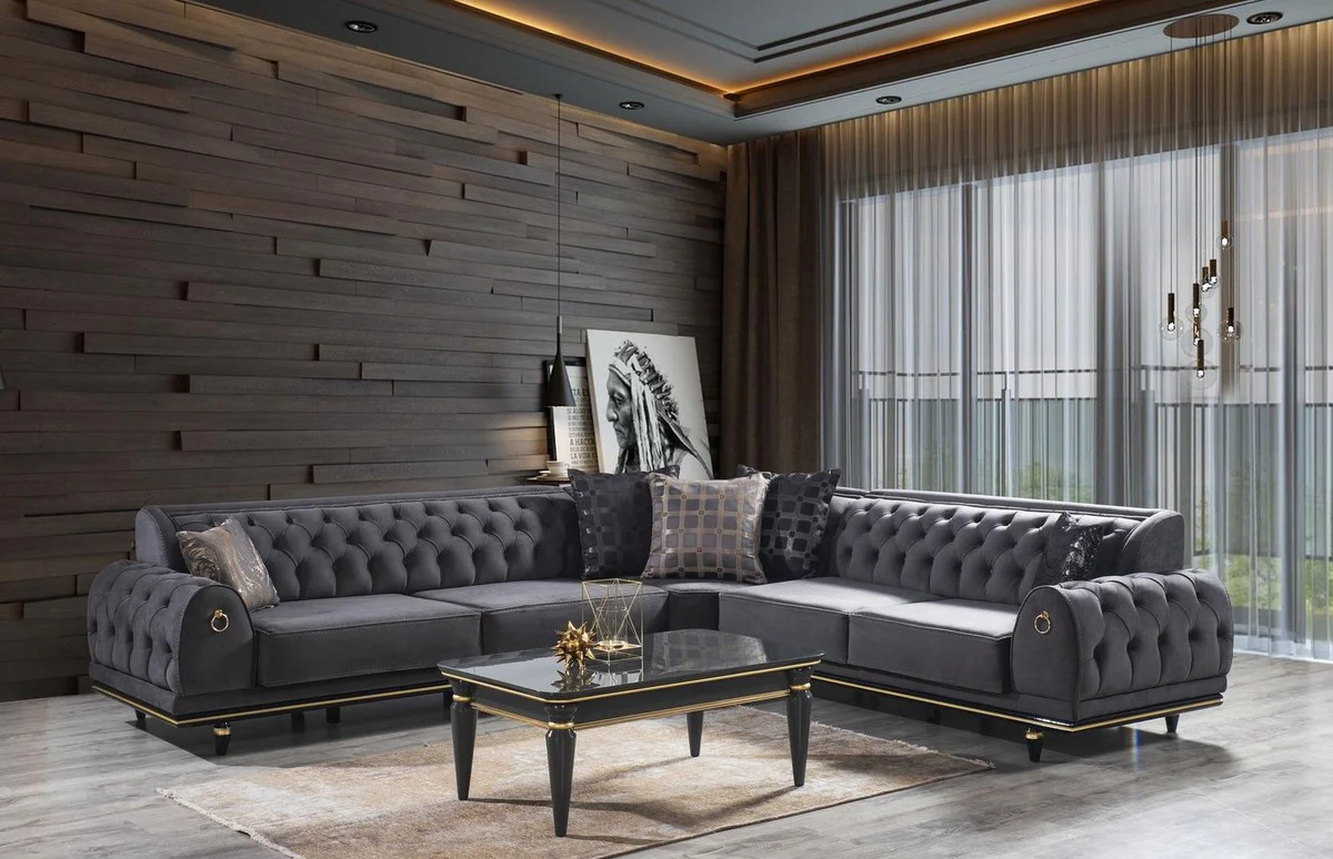Casa Padrino conjunto de sala de estar Art Deco Chesterfield de lujo gris / negro / oro - 1 Sof¨¢ de Esquina con Almohadas y 1 Mesa de Centro - Muebles de sala nobles - Calidad de Lujo