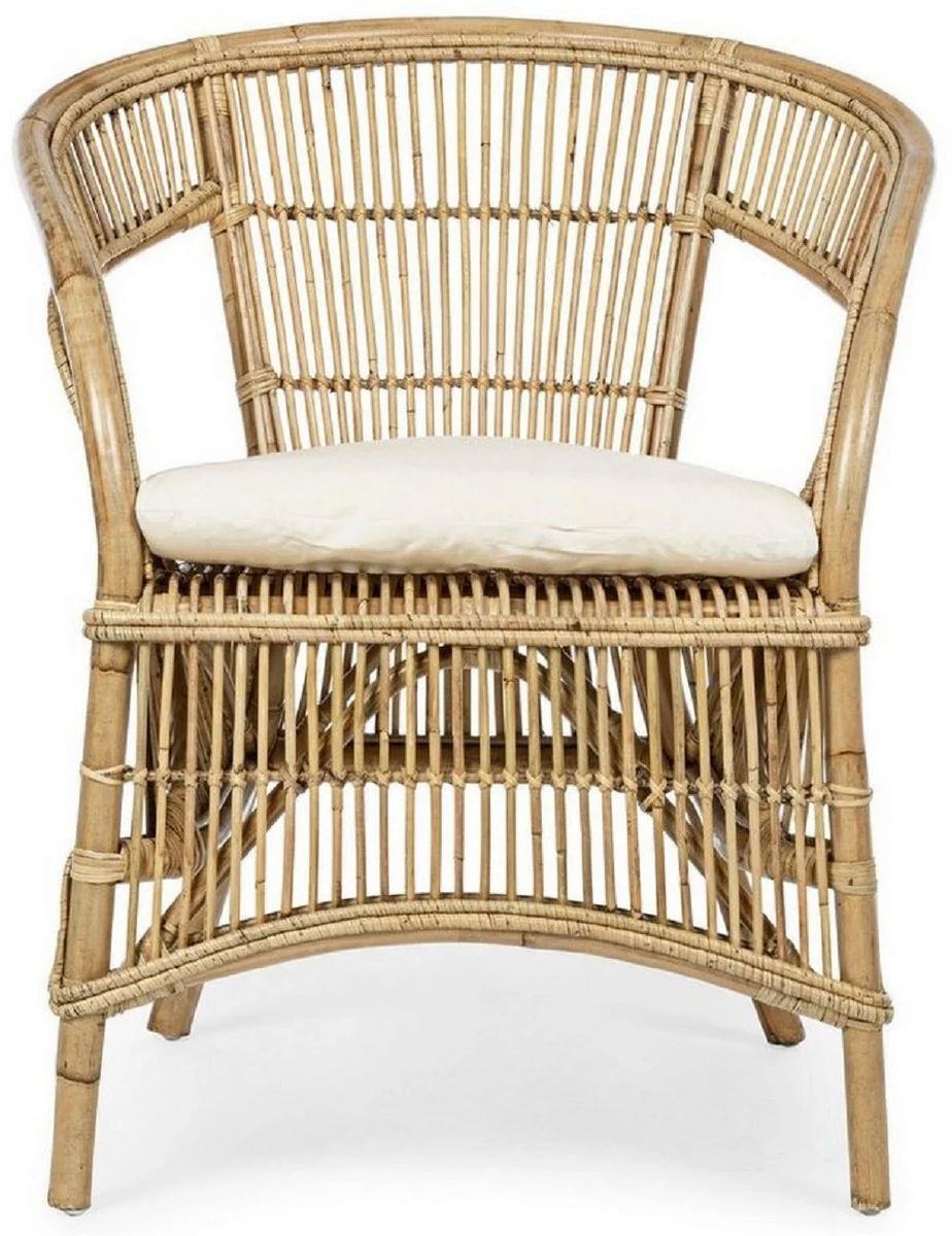 Casa Padrino sillón de jardín de lujo natural / blanco 68 x 65 x A. 82 cm - Sillón de jardín y terraza en ratán con cojín de asiento - Muebles de Jardín y Terraza - Calidad de Lujo