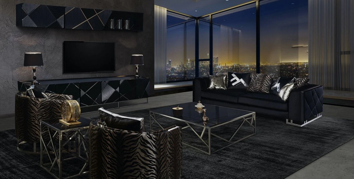 Casa Padrino sof¨¢ de sala de estar de lujo con cojines decorativos negro / plata 237 x 96 x A. 66 cm - Muebles de sal¨®n de lujo