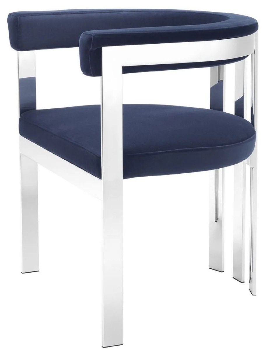 Casa Padrino silla de comedor de lujo con reposabrazos azul medianoche / plata 61 x 56 x H. 73 cm - Silla de Cocina de Acero Inoxidable con Tela de Terciopelo Fino - Muebles de Cocina de Lujo