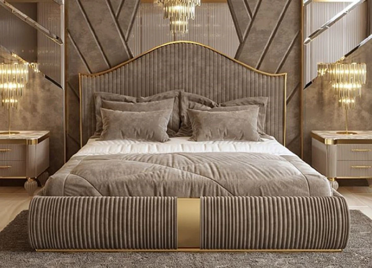 Casa Padrino cama doble Art Deco de lujo gris / oro - Cama noble de madera maciza con cabecera - Muebles de Dormitorio y Hotel Art Deco - Colección de Lujo