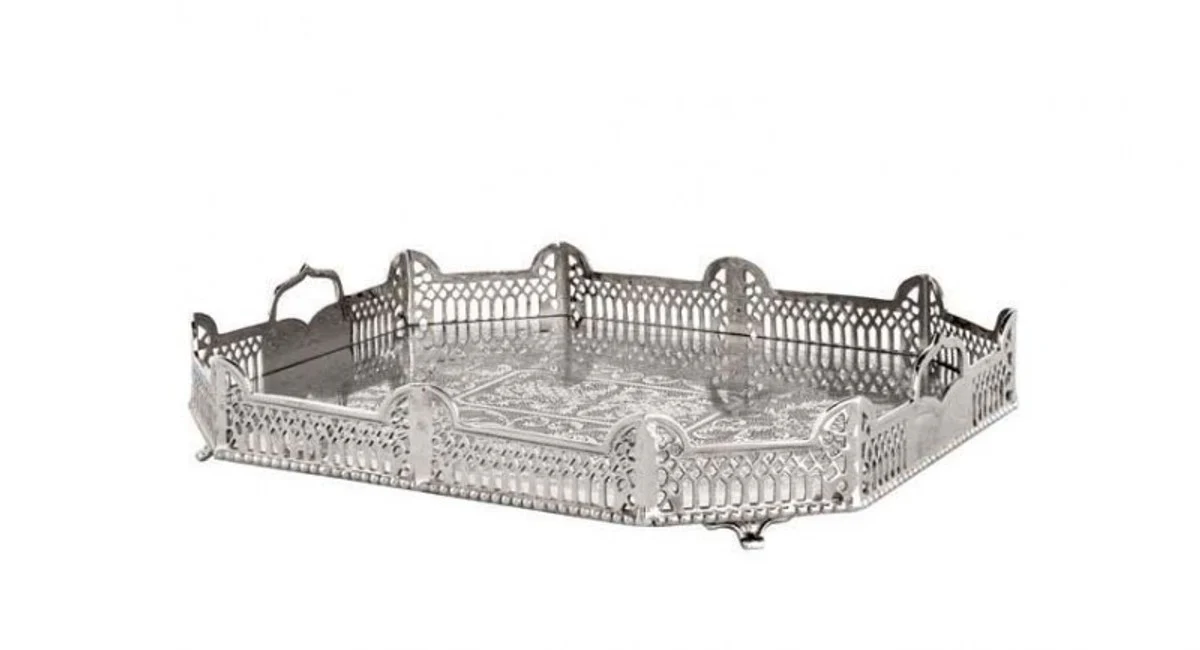 Casa Padrino luxury art deco brass tray nickel finish 52 x 42 x H. 8 cm - Limited Edition