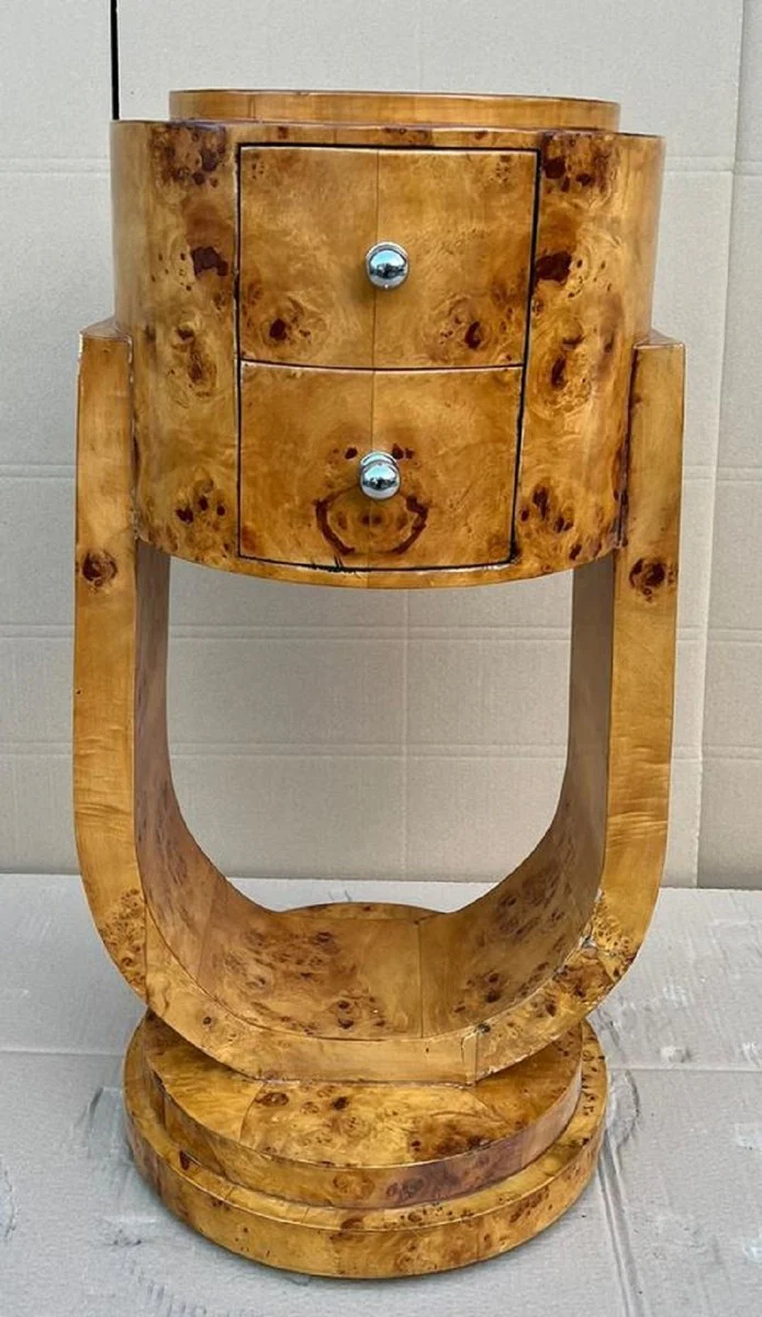 Casa Padrino cómoda Art Deco arce ojo de pájaro - Mesita de noche redonda - Mesa auxiliar con 2 cajones - Muebles Art Deco hechos a mano