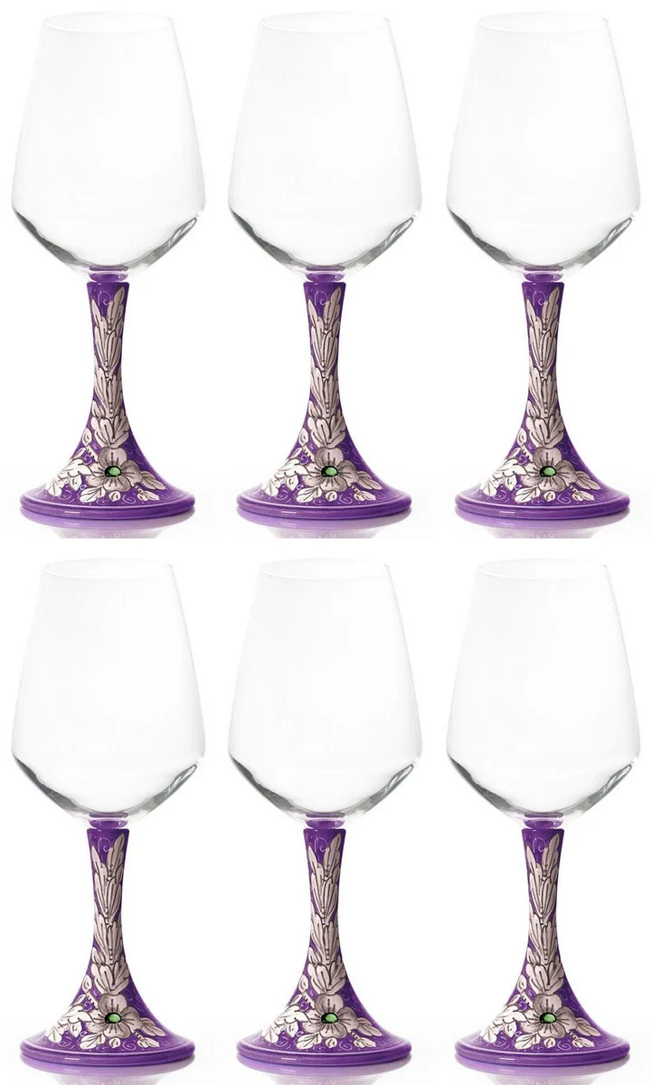 Casa Padrino conjunto de 6 copas de vino de cer¨¢mica de lujo p¨²rpura / multicolor A. 23,5 cm - Copas de vino hechas y pintadas a mano - Accesorios hoteles y restaurantes - Hecho en Italia
