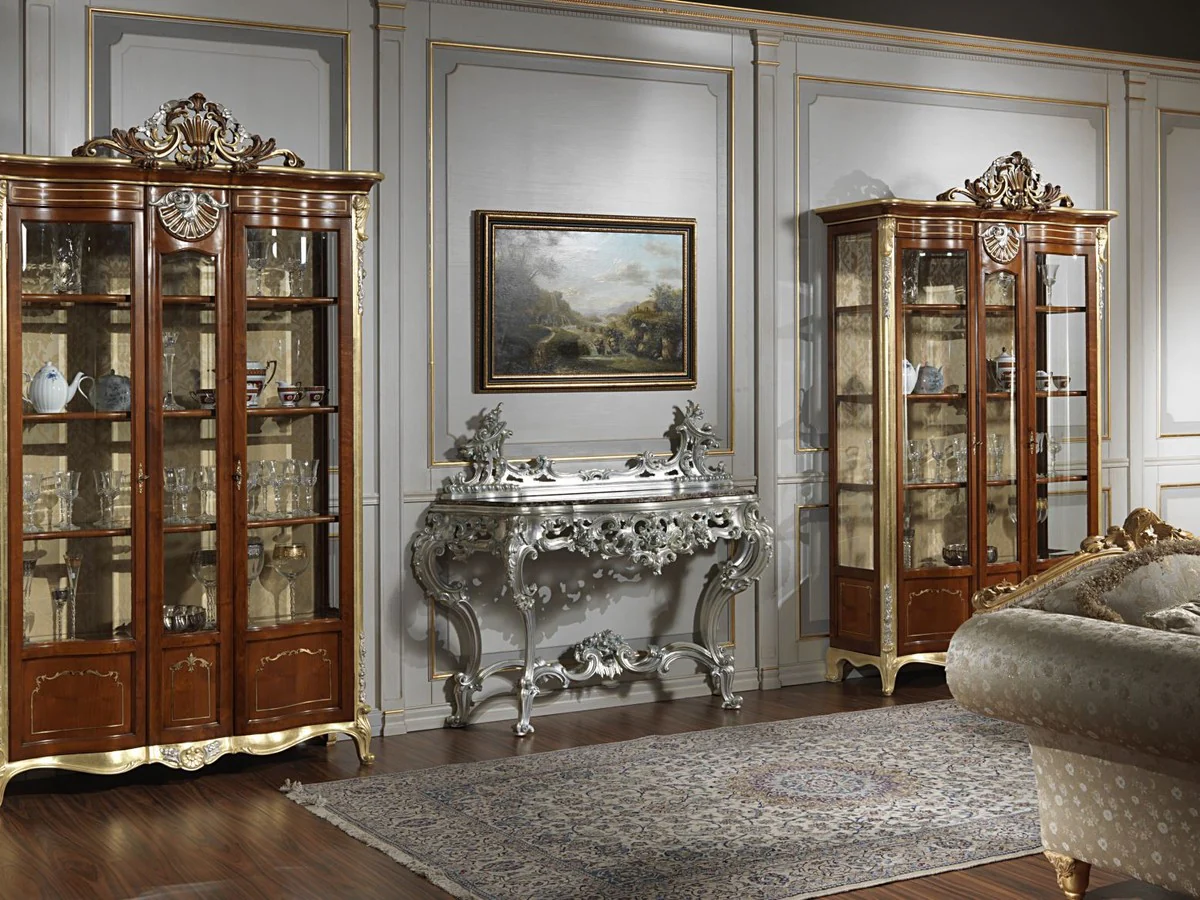 Casa Padrino consola barroco de lujo plata / negro - Magn¨ªfica consola tallada a mano con tapa de m¨¢rmol - Muebles de Hotel - Muebles de Castillo - Calidad de Lujo - Hecho en Italia