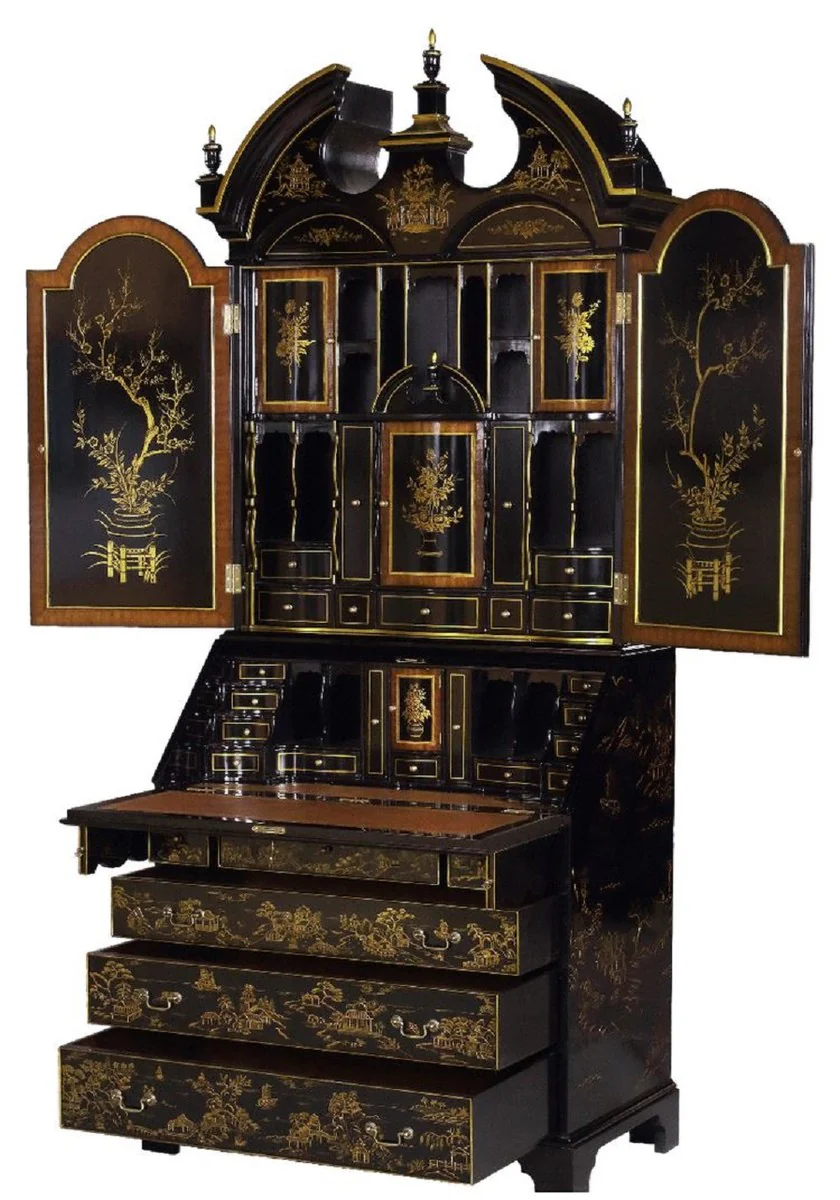 Casa Padrino armario de escritorio barroco de lujo en estilo chino negro / oro 104 x 58 x A. 238 cm - Magn¨ªfico armario de oficina de madera maciza - Noble mobiliario de oficina barroco