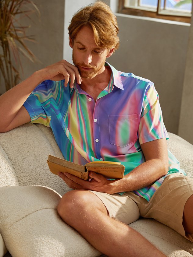 Gradient Color Chest Pocket Short Sleeve Casual Shirt