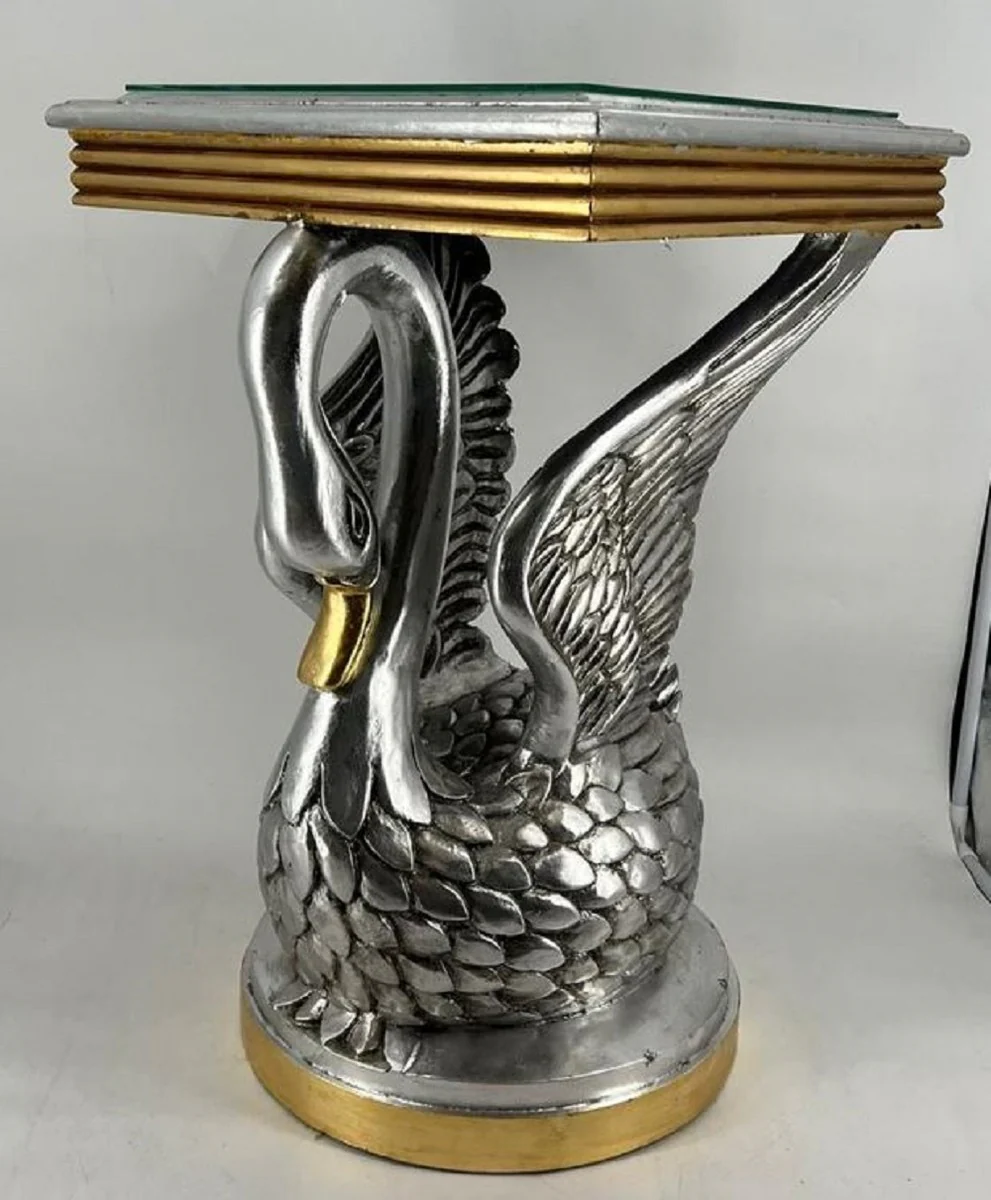 Casa Padrino mesa auxiliar barroco cisne con tapa de vidrio plata / oro A. 78 cm - Muebles barrocos