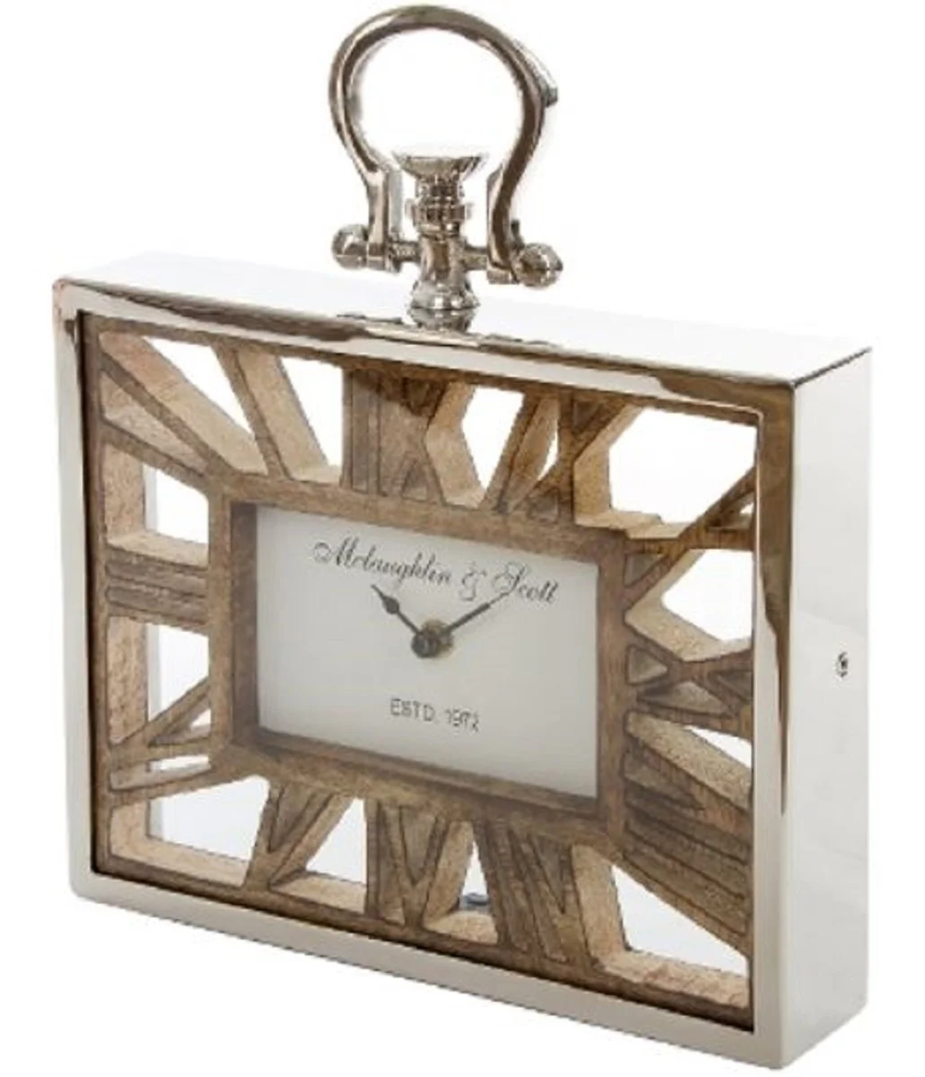 Casa Padrino reloj de mesa / reloj de pared de lujo en el diseño de un reloj de bolsillo antiguo plata natural 25 x 5 x H. 30 cm - Reloj Decorativo con una Esfera de Madera sin Tratar