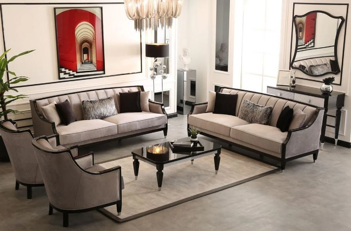 Casa Padrino conjunto de sala de estar barroco de lujo gris / negro / plata - 2 Sof¨¢s y 2 Sillones y 1 Mesa de Centro - Muebles de sal¨®n hechos a mano estilo barroco - Noble y magn¨ªfico