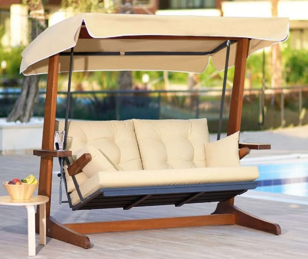 Casa Padrino columpio de Hollywood de lujo crema / marr¨®n - Columpio de jard¨ªn moderno resistente a la intemperie con toldo para el sol - Columpio de Terraza de Jard¨ªn - Muebles de Hotel