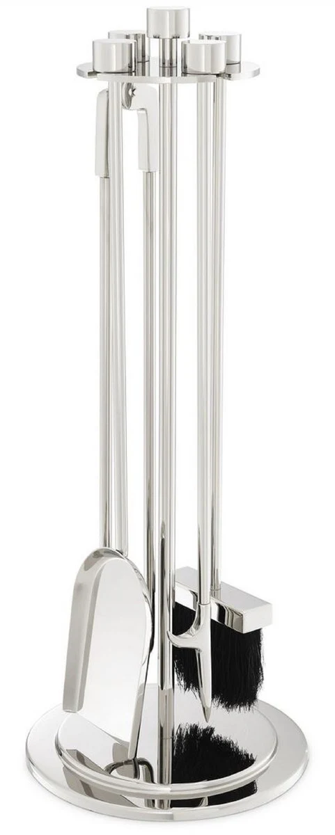 Casa Padrino conjunto de chimenea de lujo plata Ø 27,5 x A. 71 cm - Conjunto de chimenea de 4 piezas con soporte - Accesorios para Chimenea