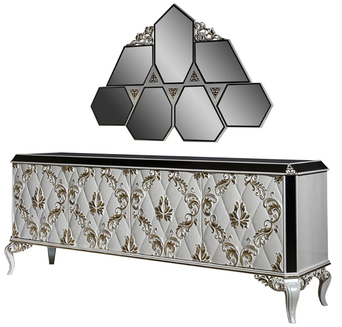 Casa Padrino conjunto de muebles barrocos de lujo aparador con espejo blanco / oro / negro - Noble mueble de madera maciza con elegante espejo de pared - Muebles barroco