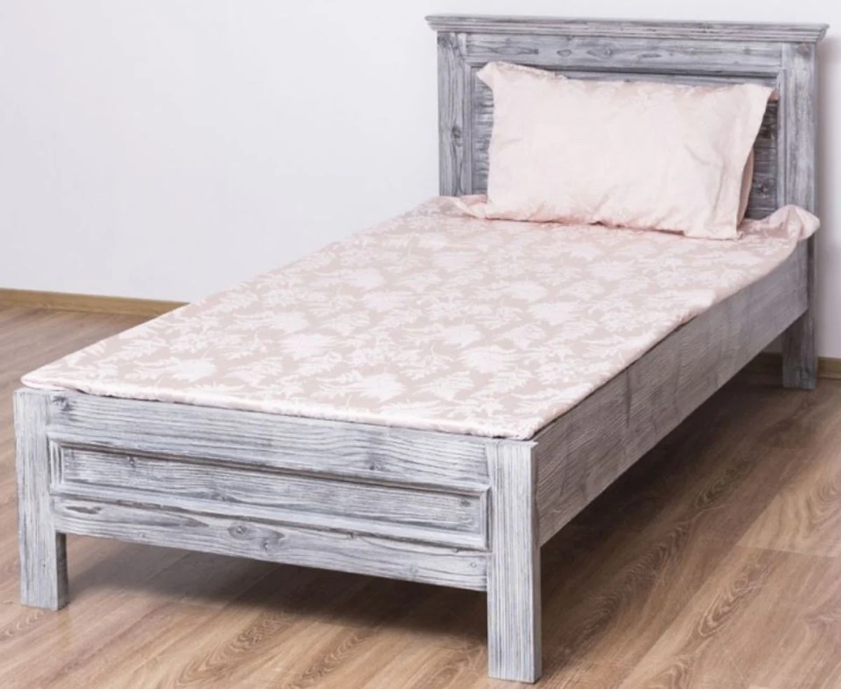 Casa Padrino cama de madera maciza de estilo campestre gris antiguo 90 x 200 x A. 93 cm - Cama Individual de Madera Maciza - Muebles de Dormitorio de Estilo Campestre