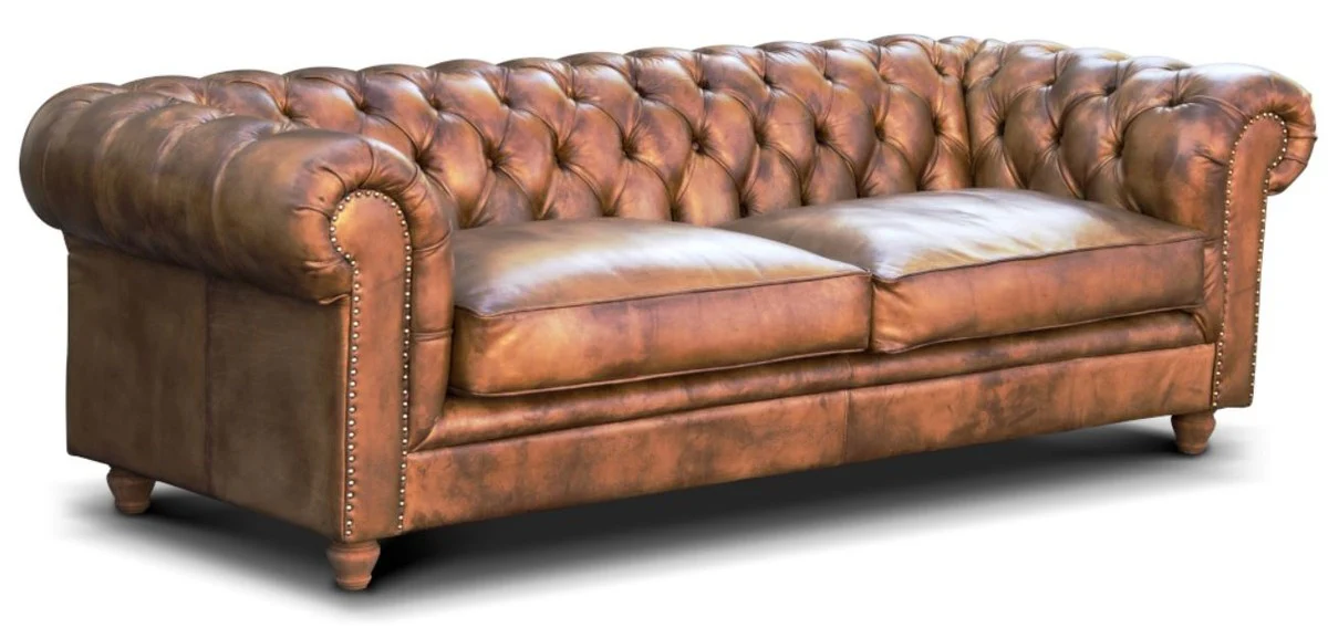 Casa Padrino sof¨¢ de cuero Chesterfield de lujo marr¨®n vintage 240 x 100 x A. 80 cm - Sof¨¢ de sal¨®n de cuero genuino - Muebles de sal¨®n - Muebles Chesterfield - Muebles de lujo - Interiores de lujo