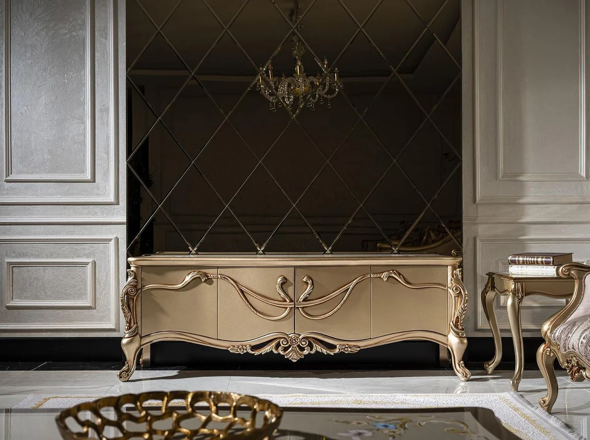 Casa Padrino armario de TV barroco de lujo white / gold - Magnífico aparador de salón con 4 puertas - Muebles de salón barrocos