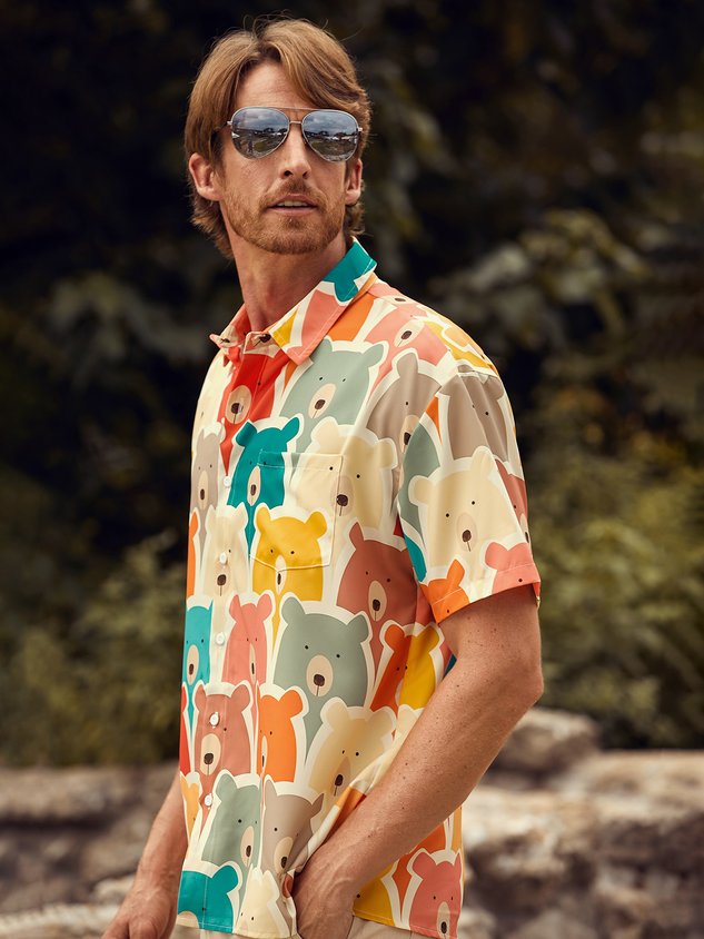 Little Bear Chest Pocket Short Sleeve Casual Shirt