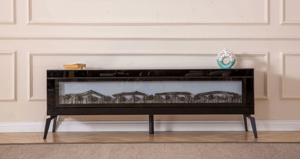 Casa Padrino gabinete de TV de lujo con chimenea eléctrica LED y mando a distancia negro 180 cm