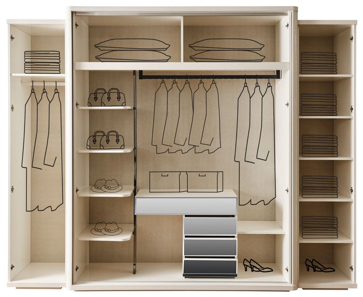 Casa Padrino armario de dormitorio Art Deco de lujo blanco / bronce 280 x 60 x A. 229 cm - Armario con espejo de 4 puertas - Muebles de dormitorio - Muebles Art Deco - Muebles de lujo