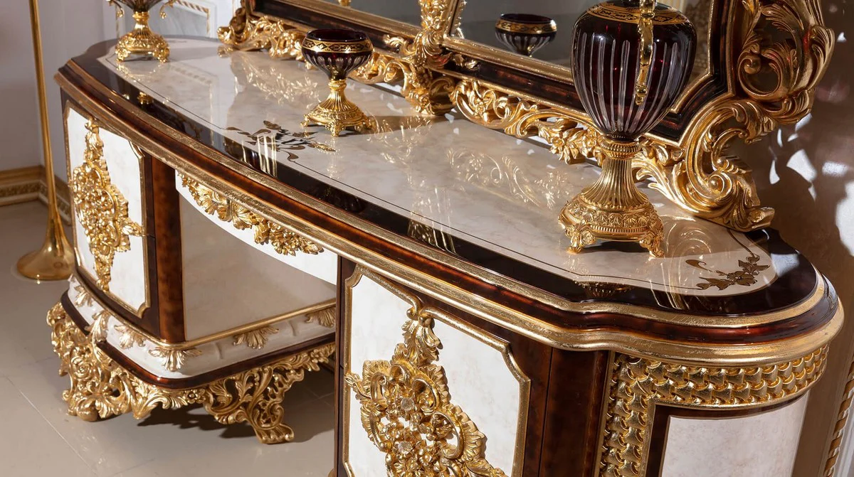 Casa Padrino conjunto de dormitorio barroco de lujo blanco / marr¨®n / oro - 1 Tocador Barroco y 1 Espejo de Pared Barroco y 1 Taburete Barroco - Muebles de dormitorio barrocos - Noble y Magn¨ªfico