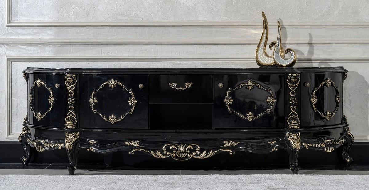 Casa Padrino gabinete TV barroco de lujo negro / oro - Magnífico aparador de madera maciza con 4 puertas y cajón - Muebles de salón en estilo barroco - Muebles barrocos - Noble y Magnífico