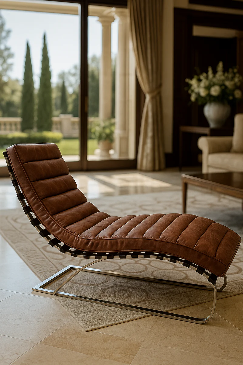 Casa Padrino sill¨®n reclinable de cuero de sal¨®n de lujo marr¨®n vintage / plata 140 x 59 x A. 82 cm - Chaise longue de cuero - sill¨®n relax - Muebles de sal¨®n - Muebles de cuero - Muebles de lujo