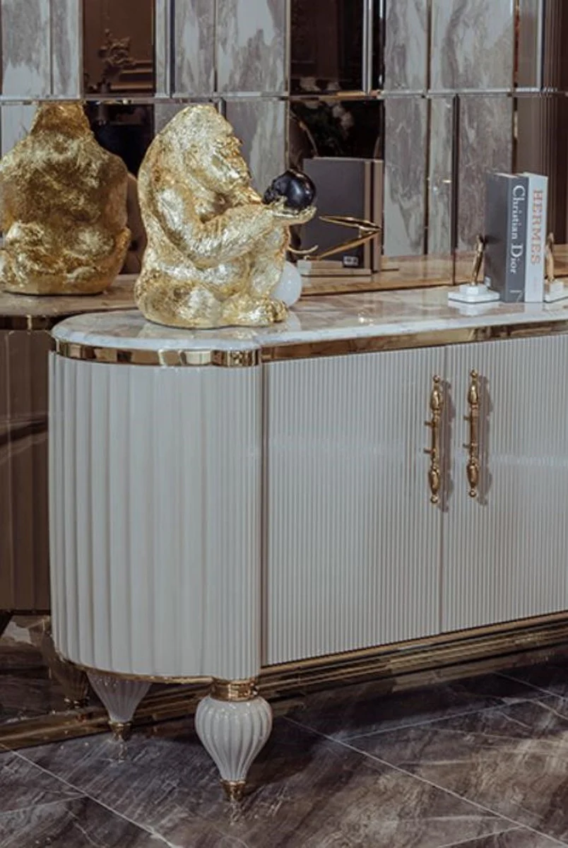 Casa Padrino aparador Art Deco de lujo gris / blanco / oro 235 x 54 x A. 90 cm - Gabinete noble de madera maciza con 4 puertas y tapa de m¨¢rmol artificial - Muebles Art Deco - Calidad de Lujo