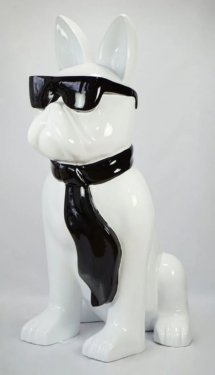 Casa Padrino escultura decorativa XXL de lujo perro bulldog con gafas y corbata blanco / negro A. 196 cm - Enorme escultura de jard¨ªn - Enorme figura de jard¨ªn - Esculturas Decorativas XXL