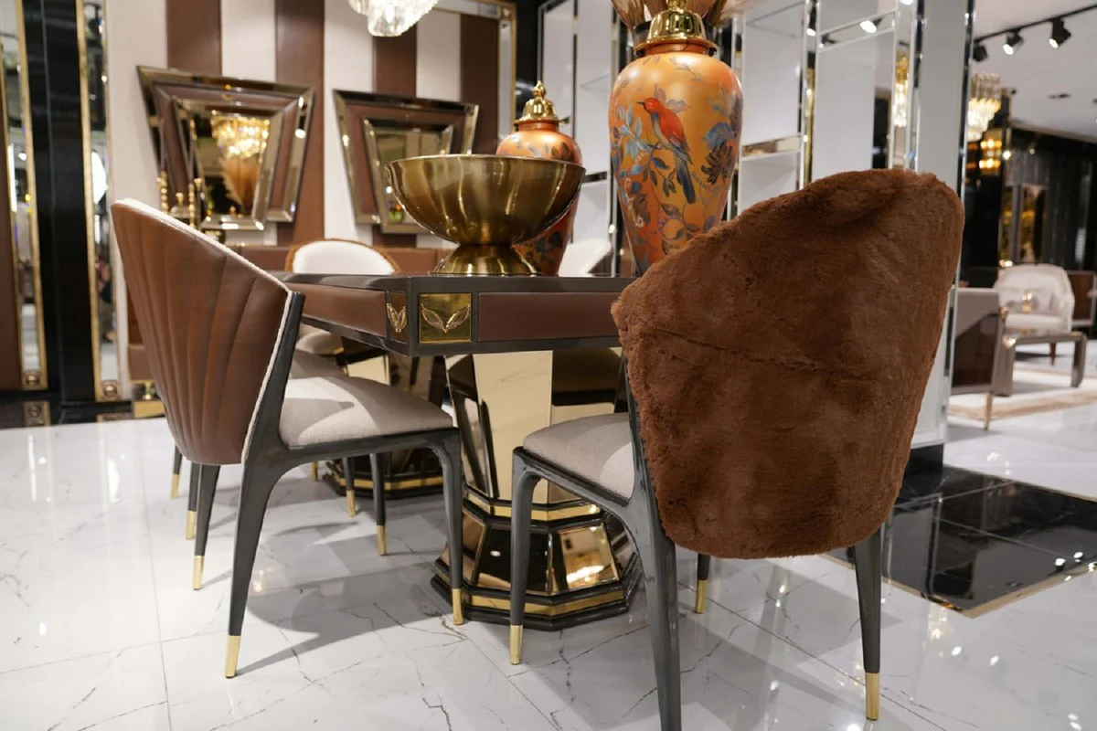 Casa Padrino mesa de comedor de lujo marr¨®n / gris / oro 226 x 112 x A. 70 cm - Mesa de cocina rectangular con espejo de cristal y cuero artificial fina - Muebles de comedor - Muebles de lujo