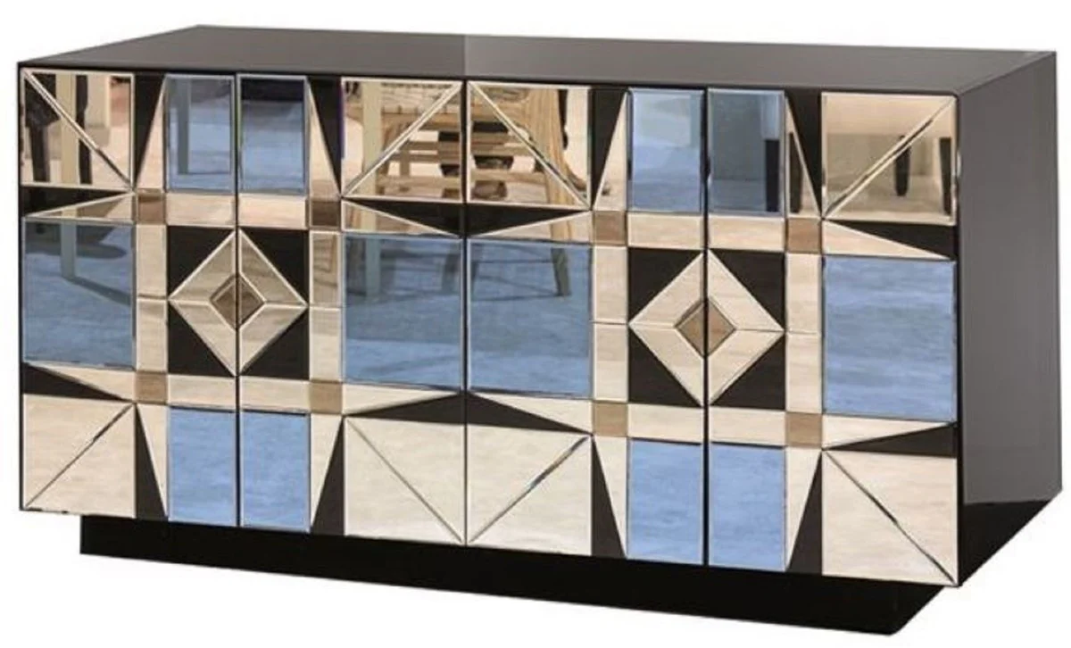 Casa Padrino aparador de lujo negro / azul 140 x 45 x A. 80 cm - Armario de madera maciza con 4 puertas espejadas - Muebles de Lujo