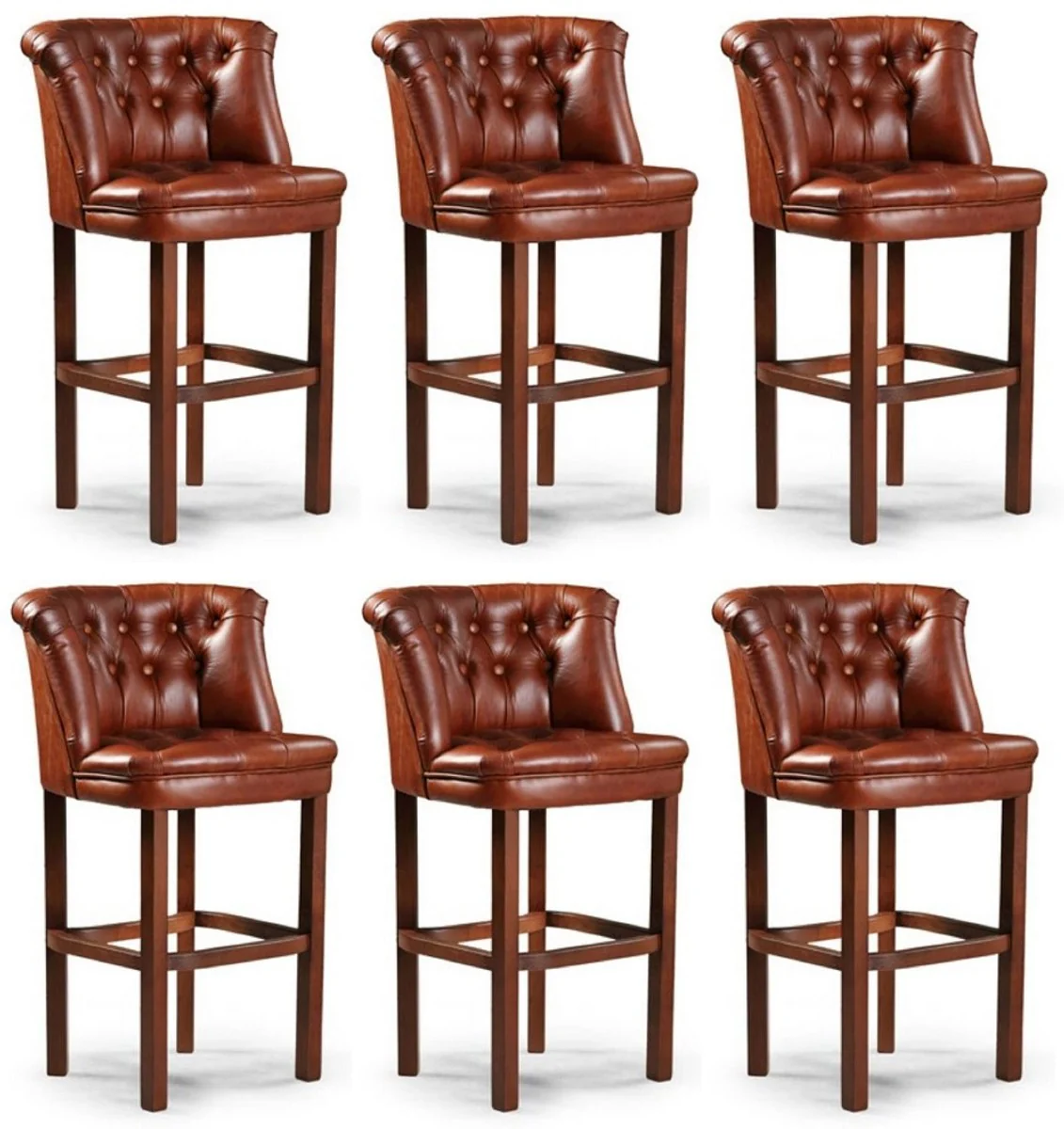 Casa Padrino Conjunto de 6 Sillas de Bar de Cuero Chesterfield de Lujo Marr¨®n 63 x 56 x A. 107 cm - Taburetes de Bar Tapizados de Cuero Genuino - Muebles de Bar Chesterfield de Lujo