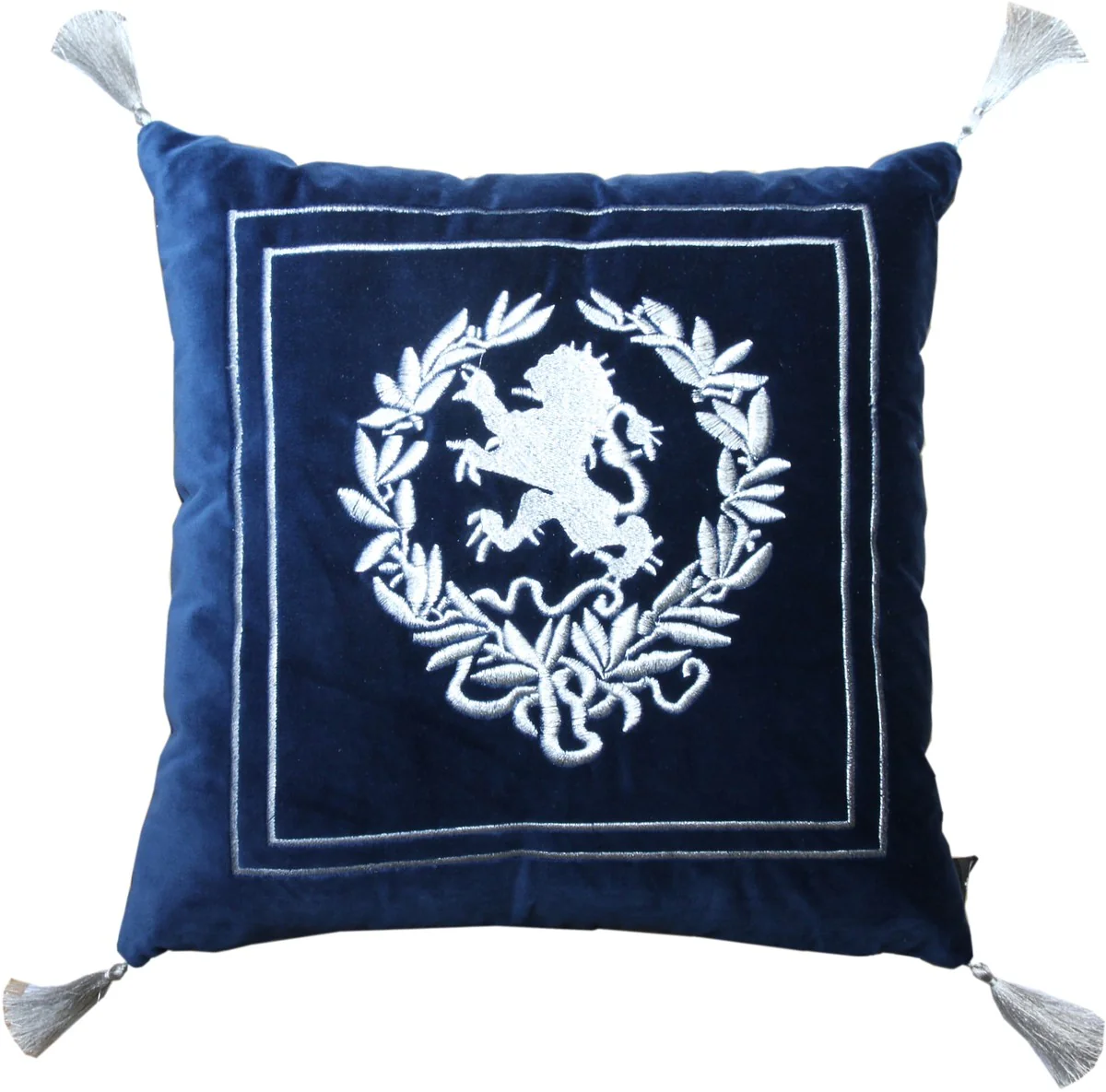 Amortiguador decorativo de lujo Casa Padrino escudo azul oscuro / plateado con borlas de 45 x 45 cm - Tela de terciopelo más fino - Luxus Wohndeko