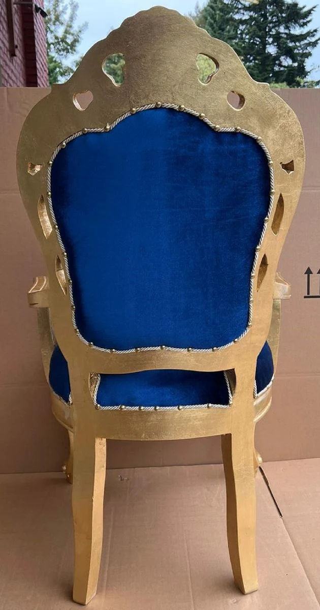 Casa Padrino silla de comedor barroco de lujo azul real / oro - Silla de estilo barroco hecha a mano con reposabrazos y elegante tejido de terciopelo - Muebles de comedor de estilo barroco