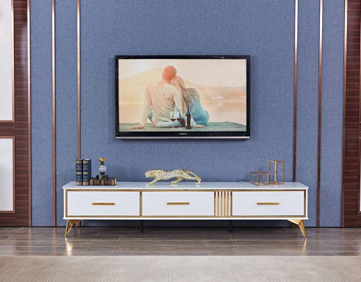 Casa Padrino armario de TV de lujo blanco / oro 200 x 40 x H. 41 cm - Aparador de sal¨®n moderno con 3 cajones - Mueble TV de sal¨®n moderno