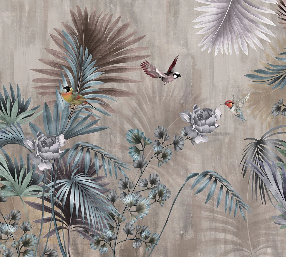 Casa Padrino conjunto de cortinas de lujo plantas y pájaros multicolor 250 x A. 290 cm - Cortinas de lino y terciopelo estampadas - Cortinas de ojales - Cortinas correderas - Colección de Lujo