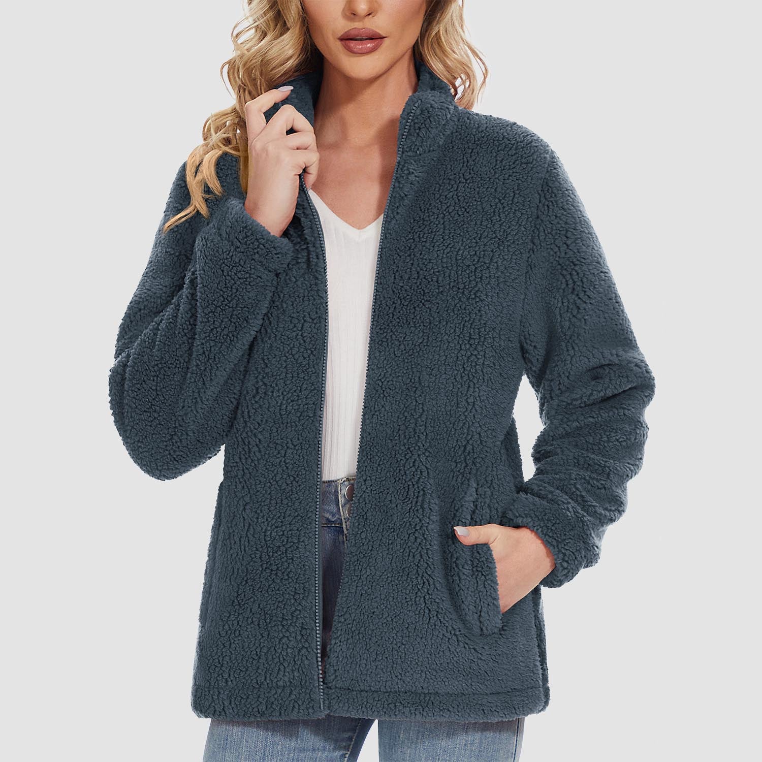 Women Sherpa Jacket Full-Zip Fuzzy Fleece Teddy Casual Coats Zip Pockets Winter Warm Soft Jackets