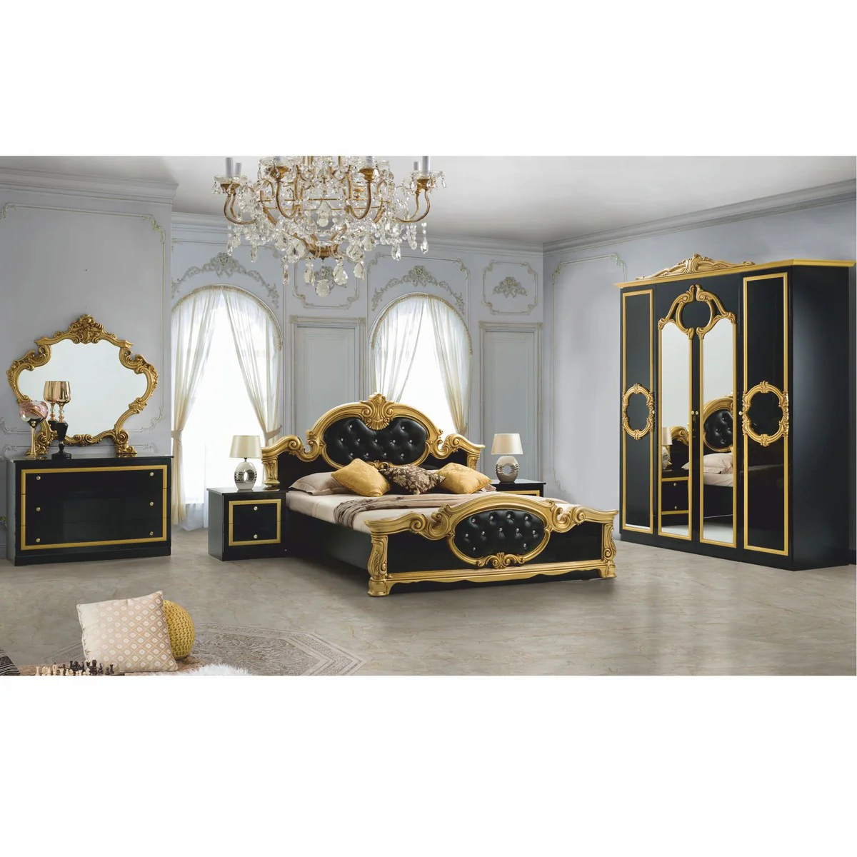 Casa Padrino cama doble barroco de lujo con pedrería negro / oro - Muebles de dormitorio
