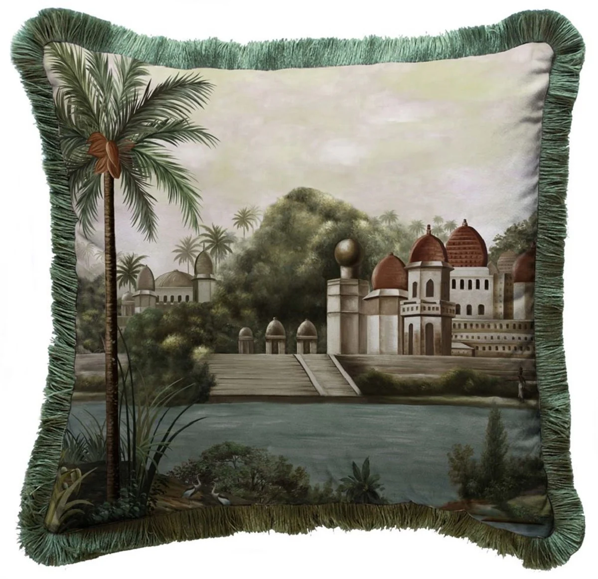 Casa Padrino cojín decorativa de lujo palacio multicolor / verde 45 x 45 cm - Almohada de terciopelo estampado con flecos - Accesorios decorativos de lujo