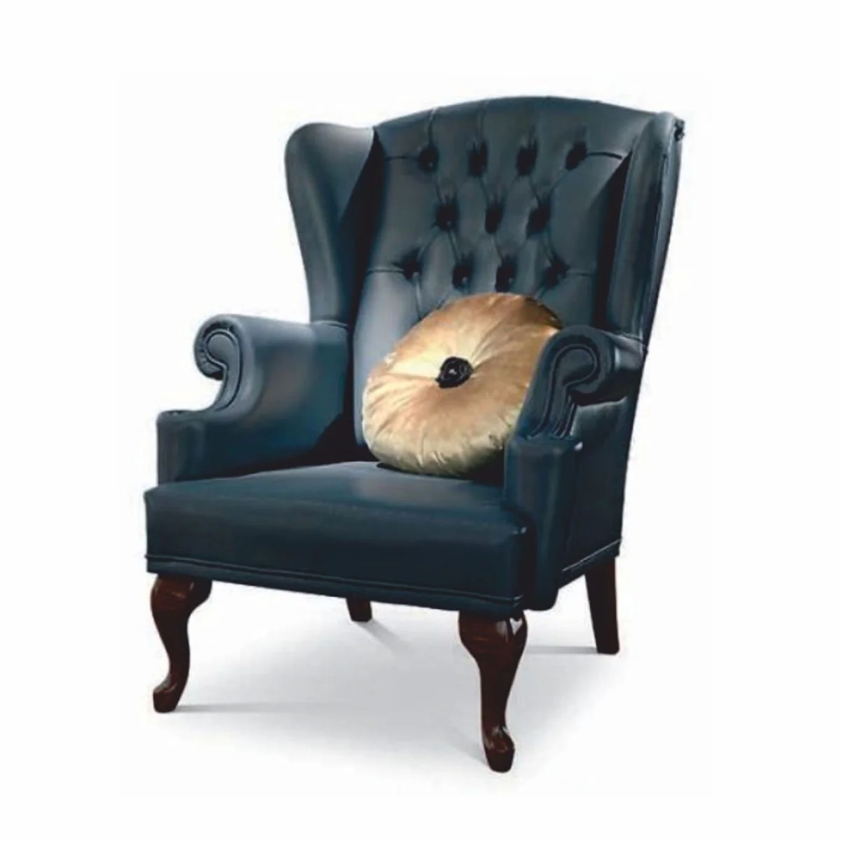 Casa Padrino sill¨®n orejero barroco Chesterfield de lujo de cuero genuino azul / marr¨®n oscuro - Hecho en Italia