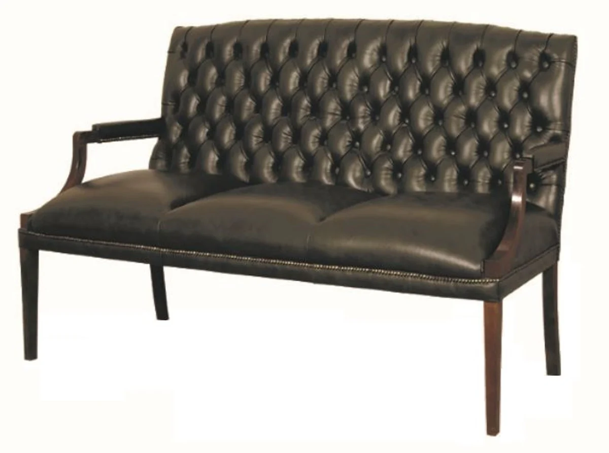 Casa Padrino Chesterfield banco de 3 plazas de cuero genuino con brazos negro / marrón oscuro 180 x 60 x H. 100 cm - Muebles de Lujo